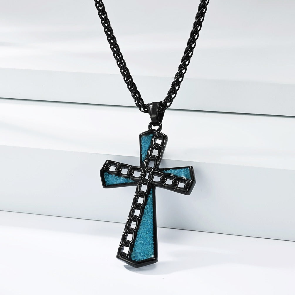 Kemstone Turquoise Inlay Stainless Steel Chain Cross Pendant Necklace for Men K-PT700