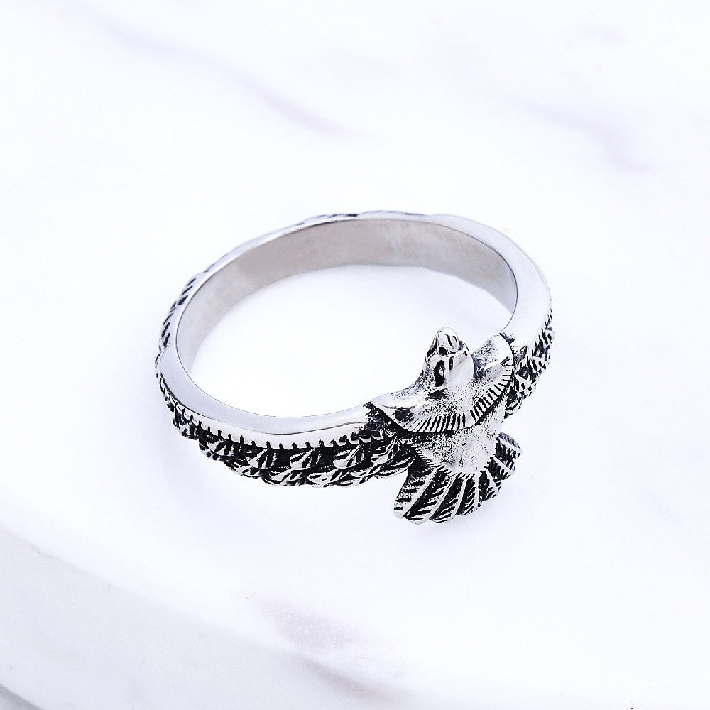 Kemstone Flying Eagle Ring for Men Titanium Steel Feather Engraved R1232