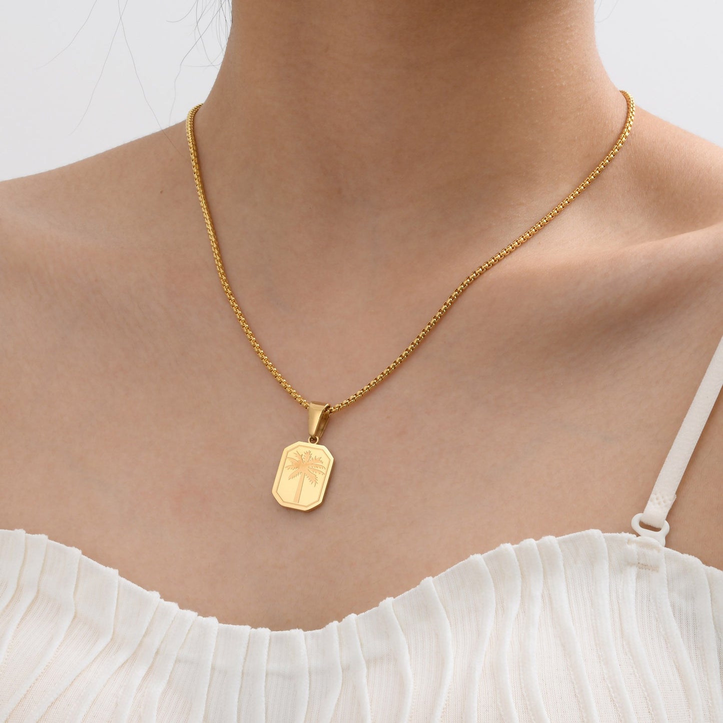 Kemstone Stainless Steel Palm Tree Pendant Necklace – Etched Rectangle Tag, Gold Silver PN-1990