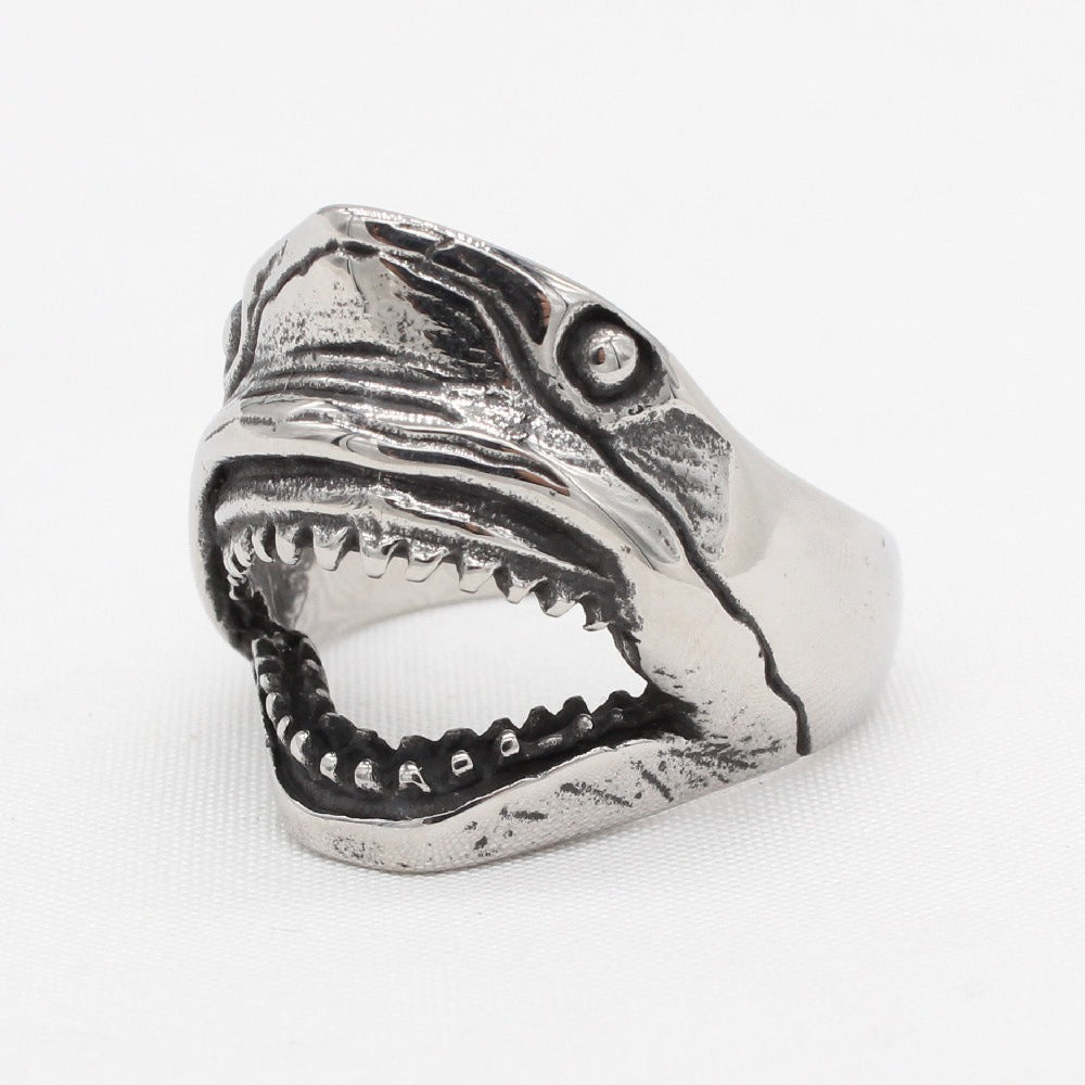 Kemston Shark Head Ring for Men Titanium Steel Vintage Texture R1625