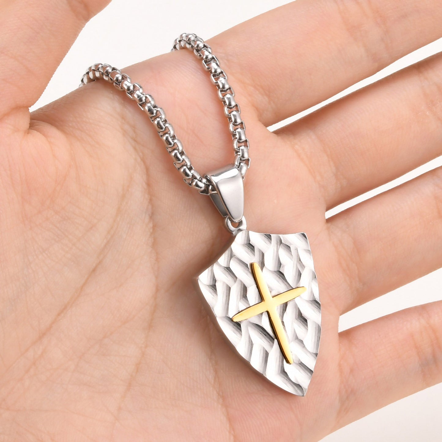 Kemstone Shield Cross Titanium Steel Pendant Necklace for Men – Brushed Relief Texture PN-2087