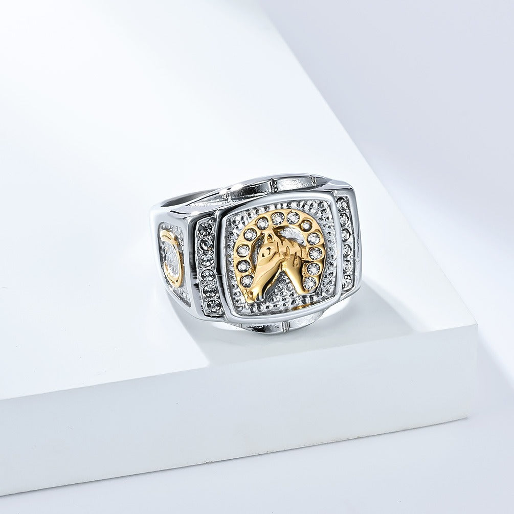 Kemstone Stainless Steel Horse Head Signet Ring for Men with Cubic Zirconia K-R1011