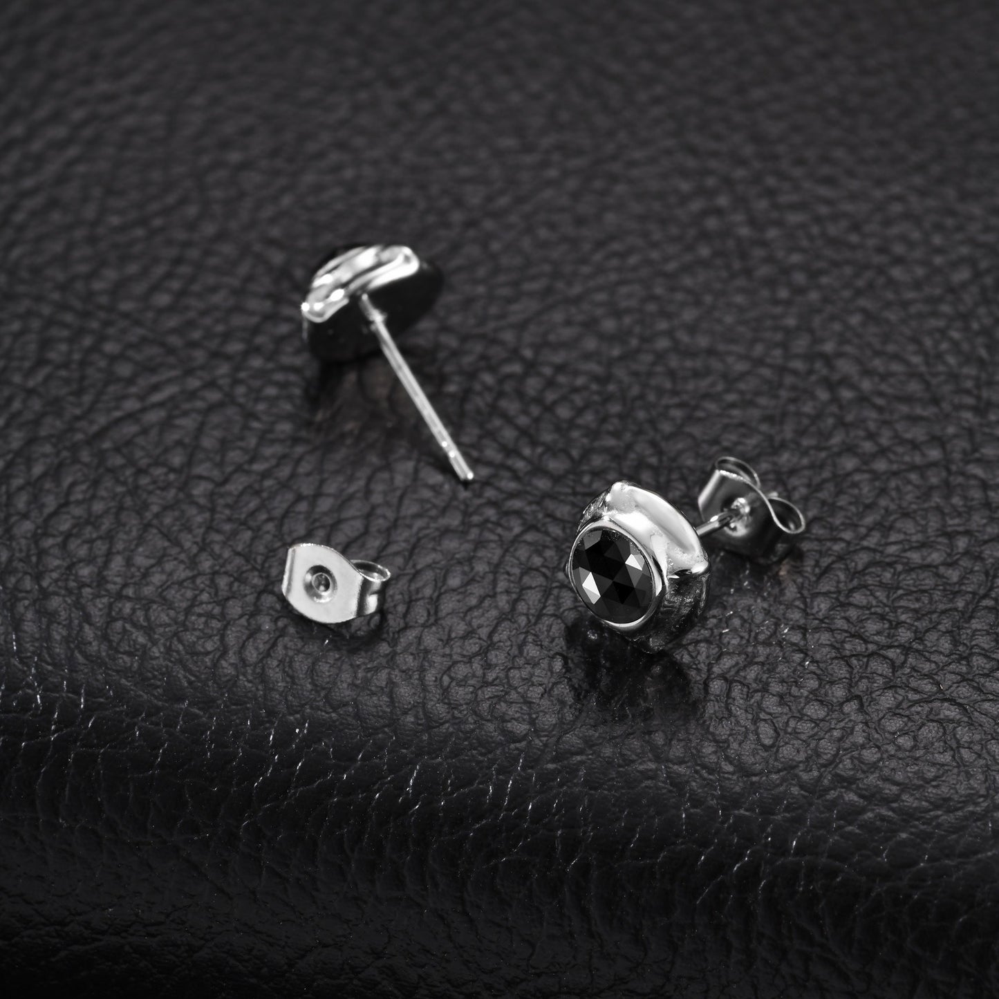 Kemston Stainless Steel Black Cubic Zirconia Stud Earrings for Men Geometric Detail ES-836
