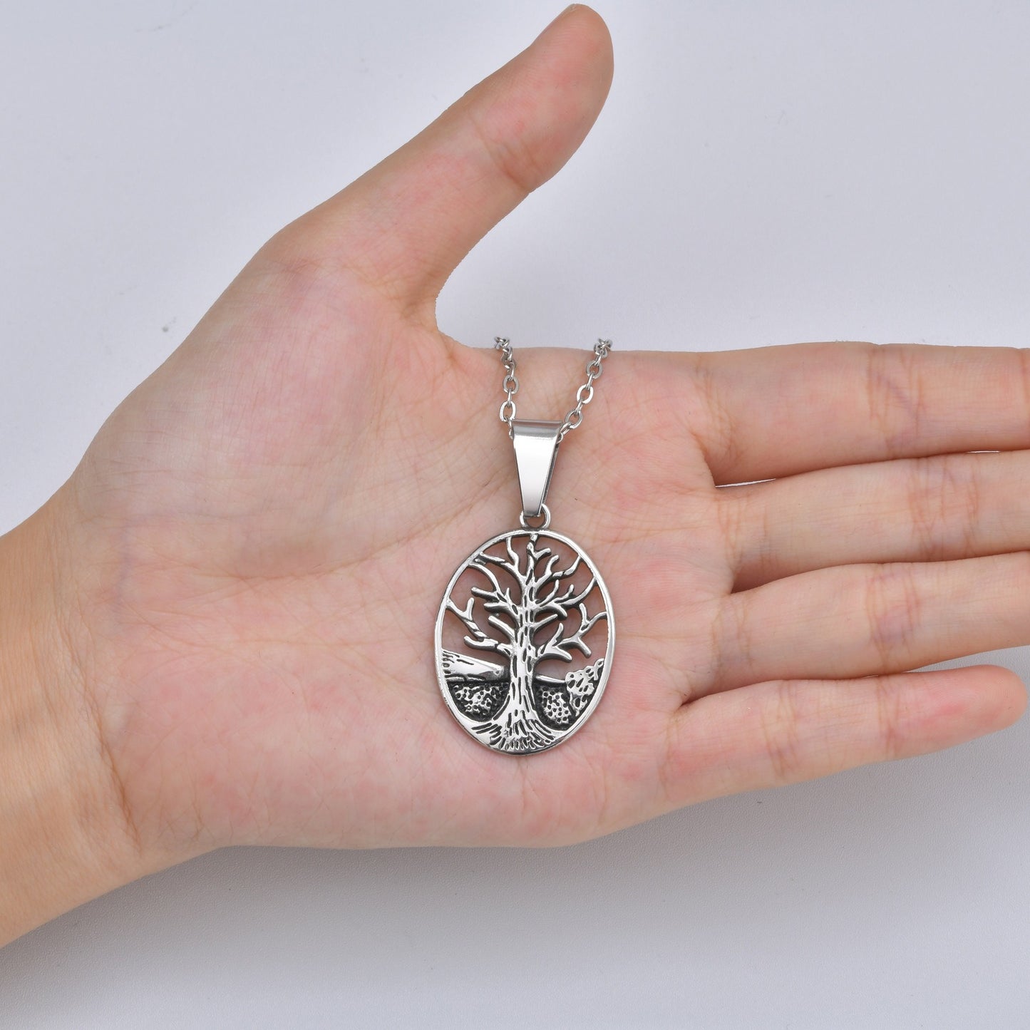 Kemstone Tree Pendant Necklace for Men Stainless Steel Openwork Oval Chain PN-2314