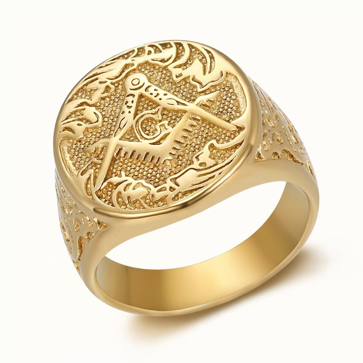 Kemstone Men’s Stainless Steel Vintage Emblem Signet Ring – Silver Gold TR0510