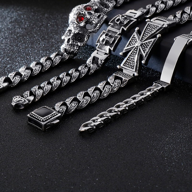 Kemstone Skull Cross Bracelet – Distressed Titanium Steel with Zircon Inlays | Gothic Punk Jewelry for Men KB112525-BD