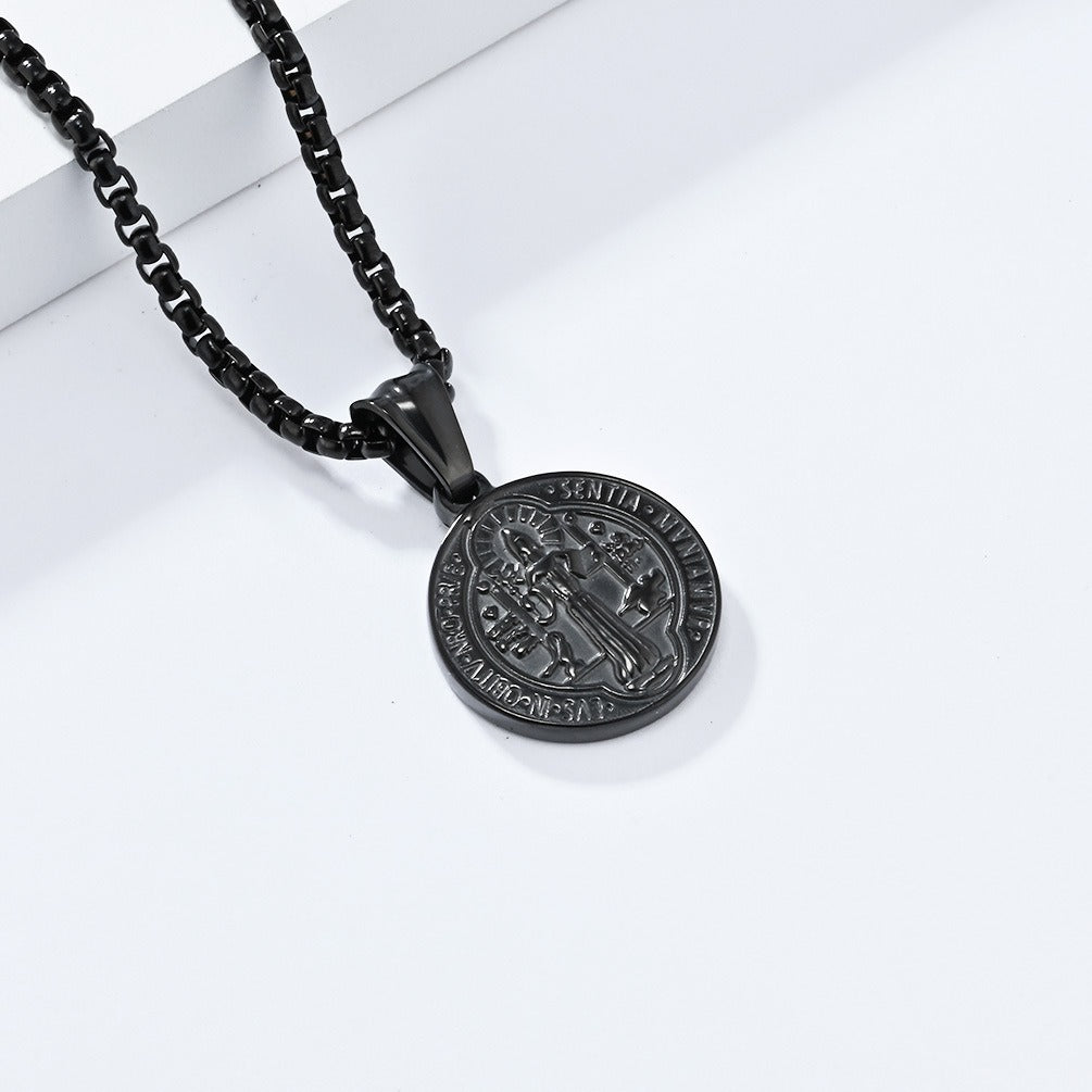 Kemstone Stainless Steel Saint Benedict Exorcism Coin Pendant Necklace for Men K-PT549