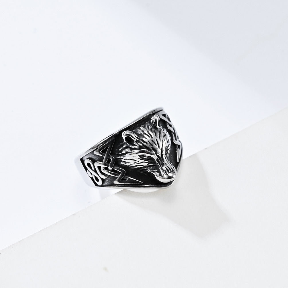 Kemstone Men’s Titanium Steel Celtic Wolf Head Ring – Vintage Symbol K-R692