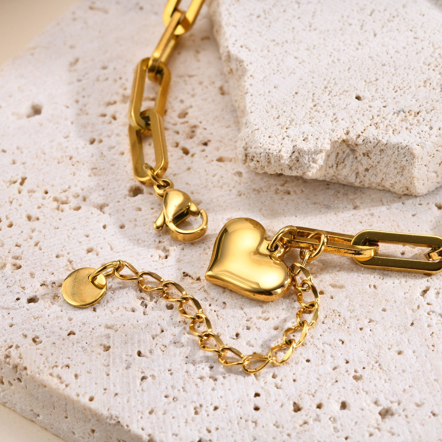 Pulsera de cadena cuadrada de acero inoxidable con colgante de corazón: joyería minimalista en tono dorado para mujer, un regalo elegante para tus seres queridos BR-1988