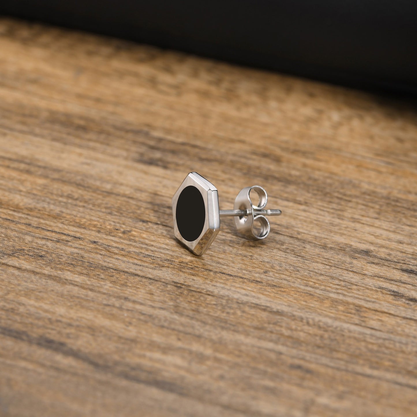 Kemstone Stainless Steel Hexagon Stud Earrings for Men – Black Enamel Inlay ES-423