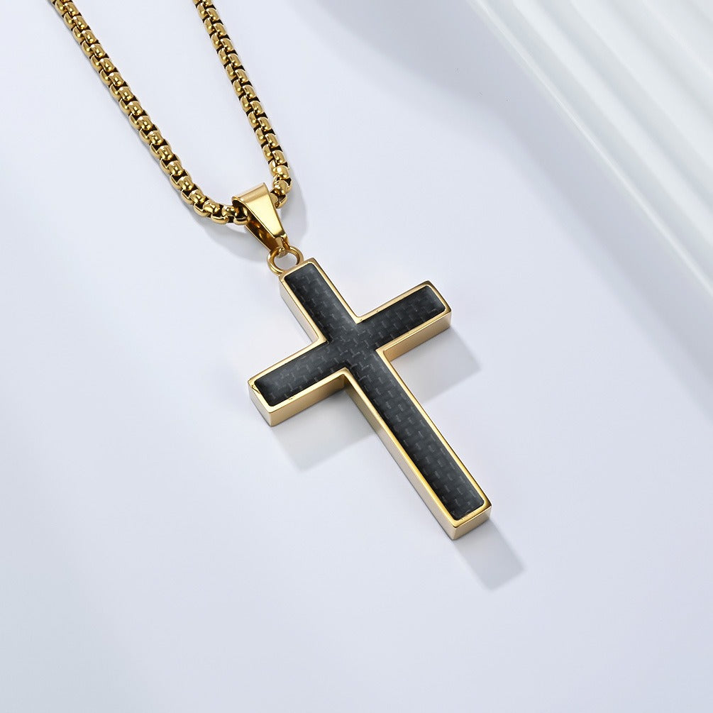 Kemstone Stainless Steel Cross Necklace for Men – Carbon Fiber Inlay Pendant K-PT666