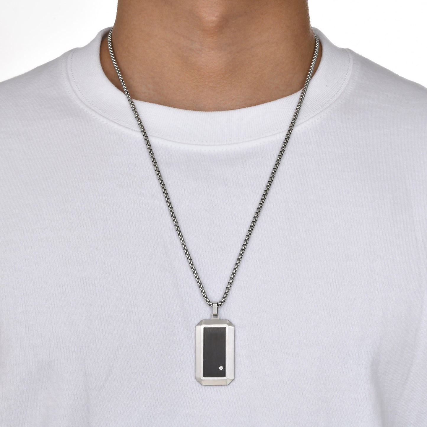 Kemstone Cubic Zirconia Rectangular Pendant Necklace for Men Stainless Steel Black Metal Design PN-1900