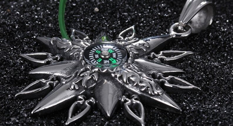 Kemstone Titanium Steel Men’s Sunburst Compass Pendant Necklace KP42987-BD