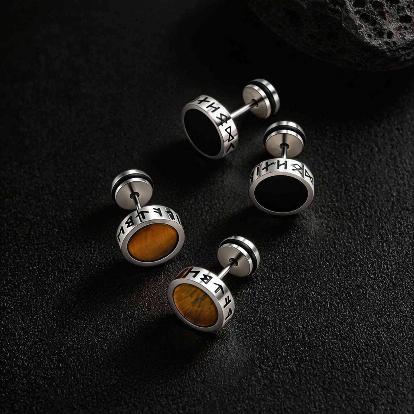 Kemstone Stainless Steel Tiger Eye Stud Earrings – Round Rune Edge Design for Men ES-784