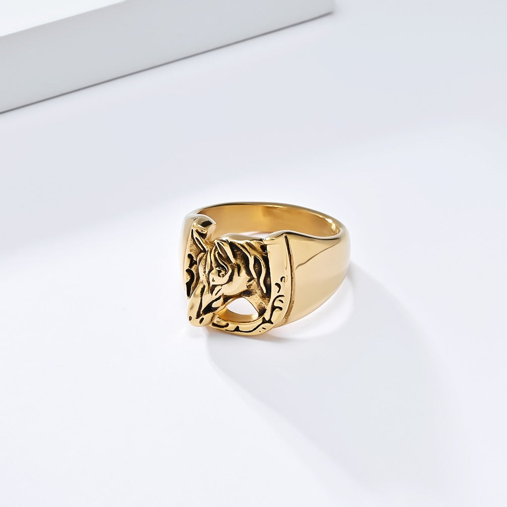 Kemstone Stainless Steel Horse Head Ring – Vintage Horseshoe Signet for Men K-R987