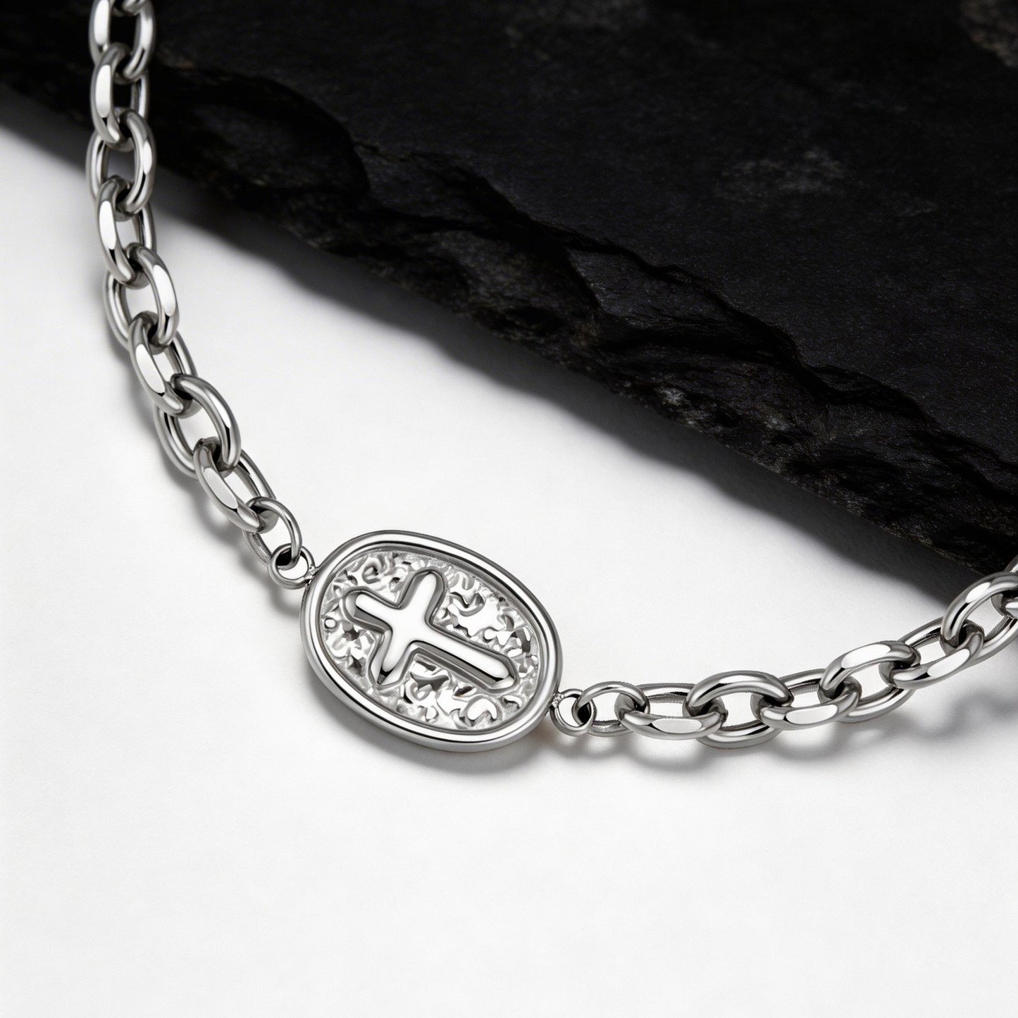 Kemstone Stainless Steel Cross Chain Bracelet for Men – Oval Plate Minimal Style Silver BR-2881