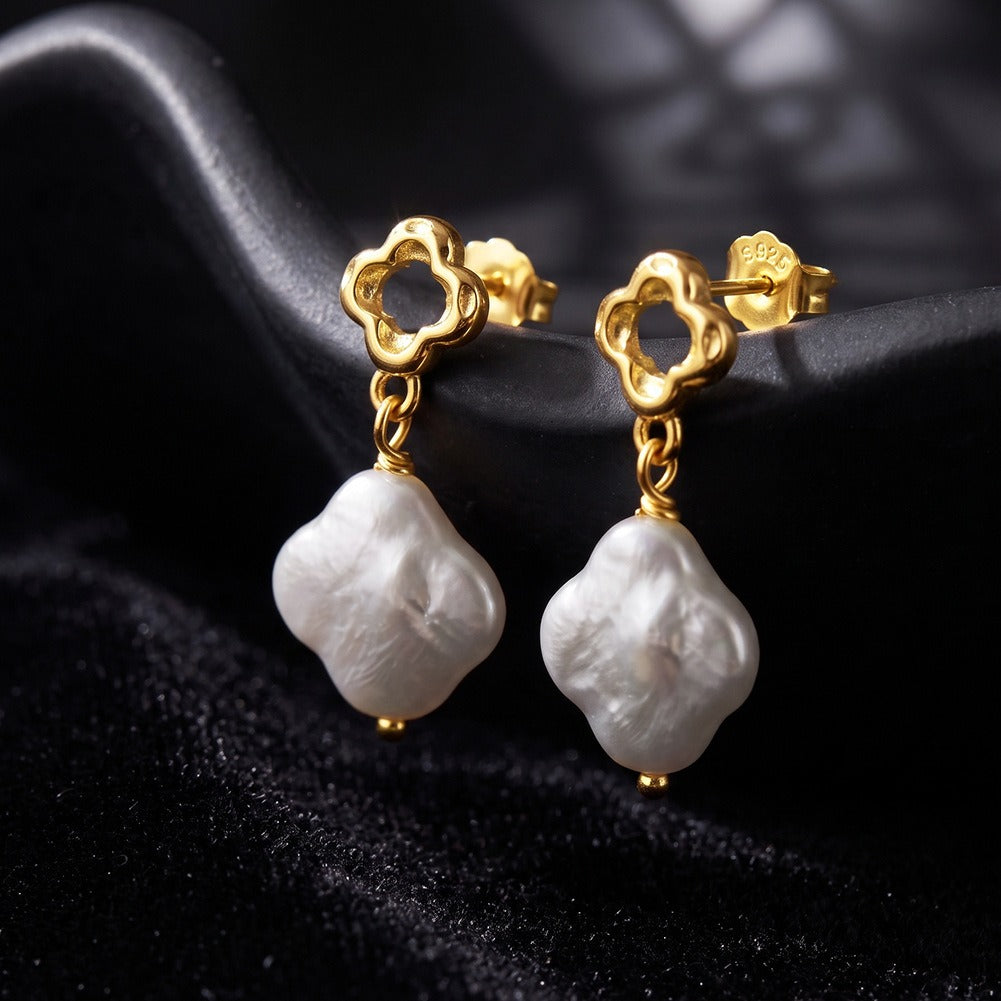 Kemston Irregular Baroque Pearl Drop Earrings for Women 925 Sterling Silver Openwork Floral Gold Tone GPE143