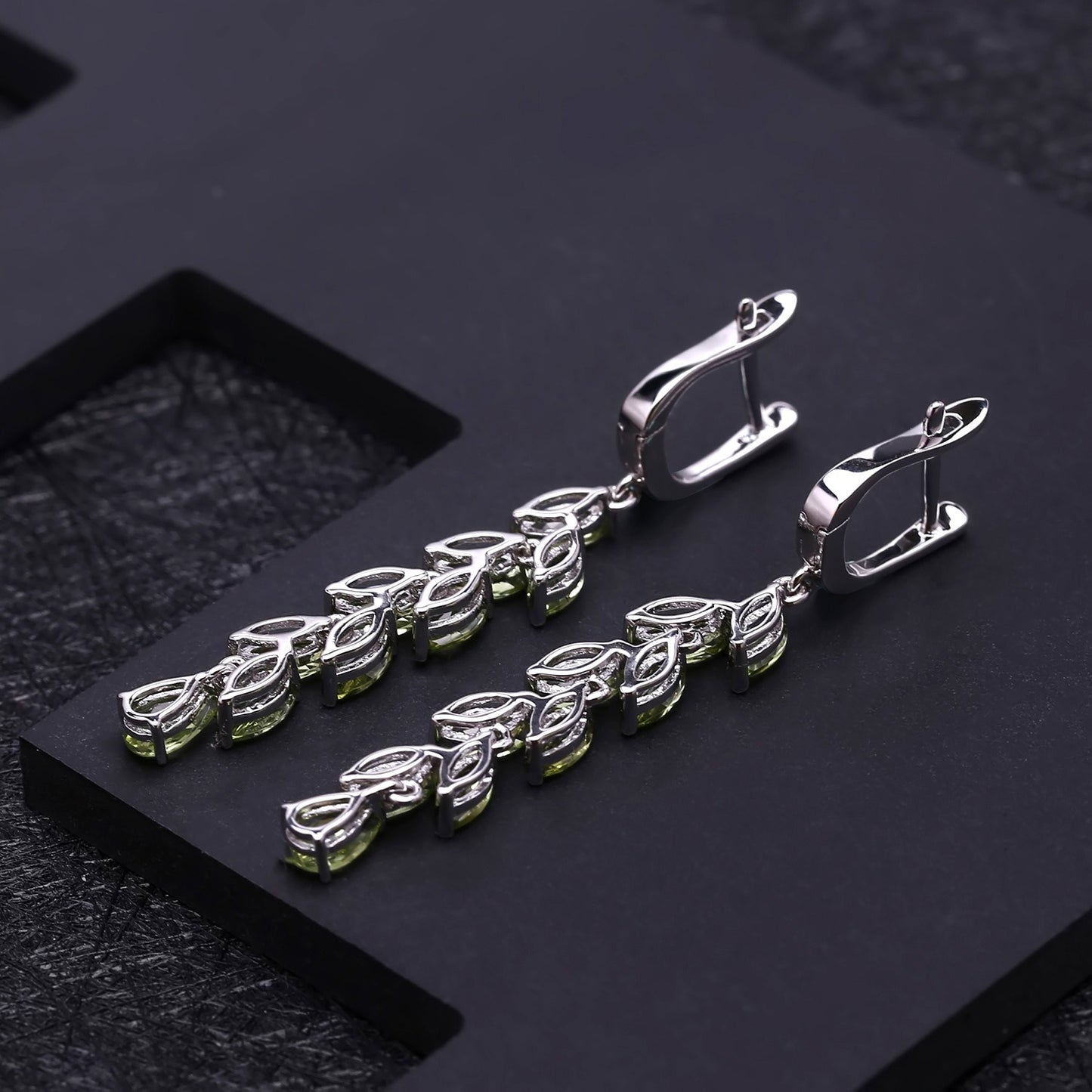 Pendientes colgantes de hoja de plata de ley S925 con peridoto natural, diseño original artesanal de Kemstone