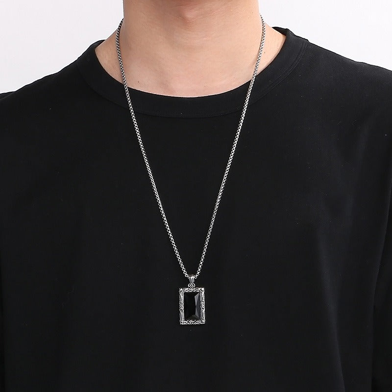 Kemstone Vintage Square Pendant – Titanium Steel Necklace with Scrollwork & Blue-Black Stone | Gothic Street Style for Men KP130520-TGX