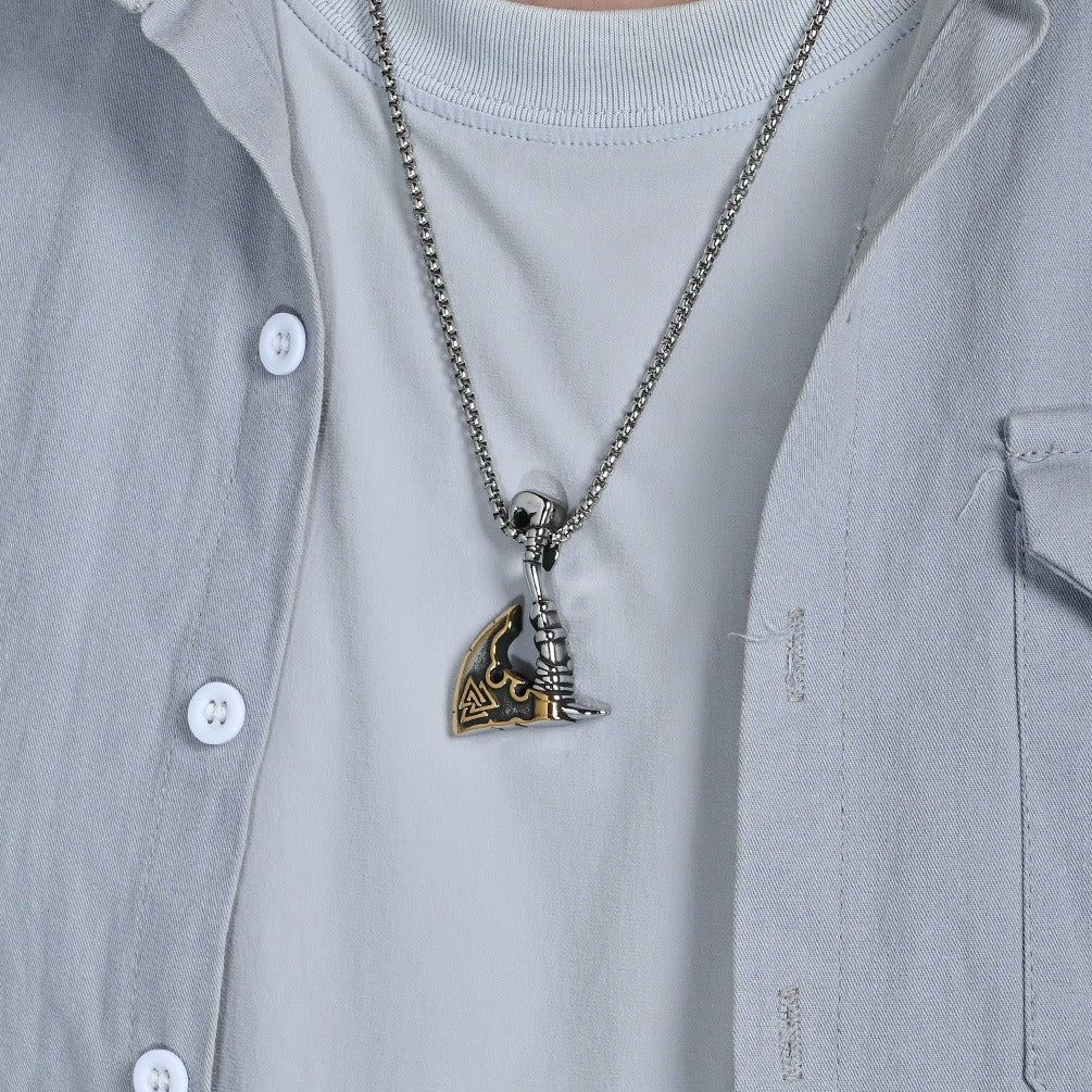 Kemstone Viking Triangle Knot Stainless Steel Axe Pendant Necklace for Men – Silver & Gold PT639