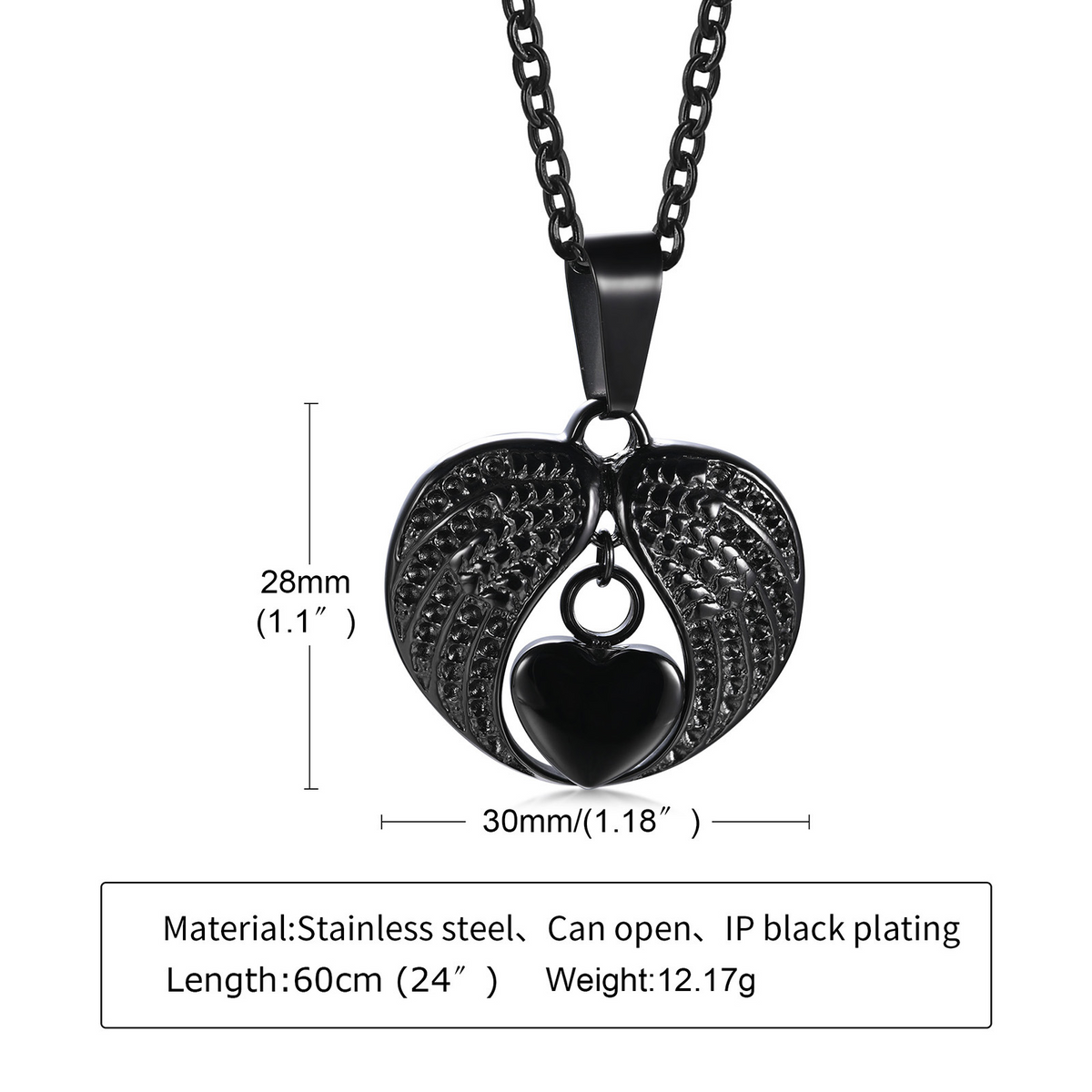 Kemstone Openable Winged Heart Necklace for Men Stainless Steel Black PN-1523