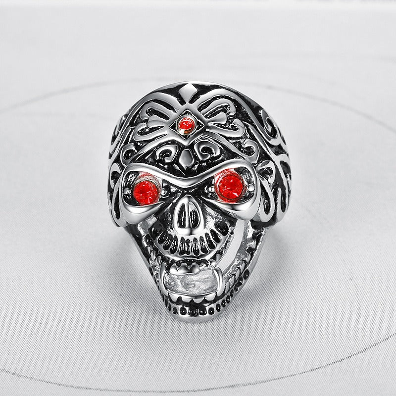 Kemstone Red Stone Skull Ring for Men Titanium Steel Punk TR0076