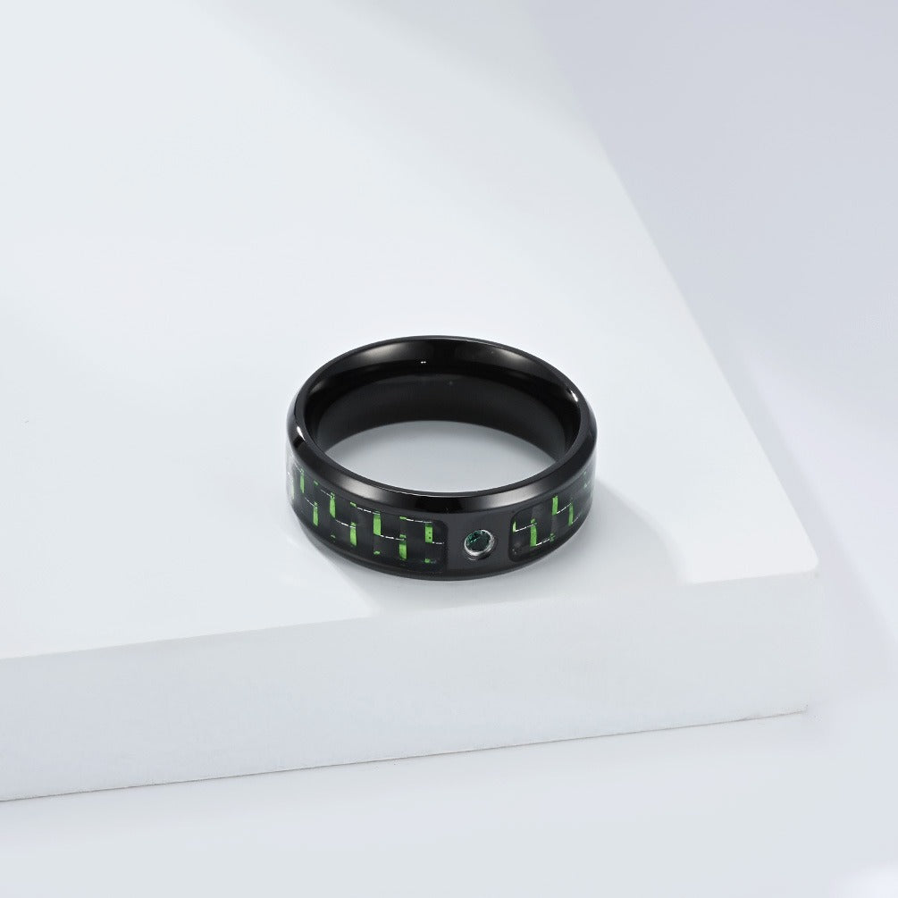 Kemstone Men’s Stainless Steel Cubic Zirconia Carbon-Fiber Ring – Black 8mm Modern K-R1098