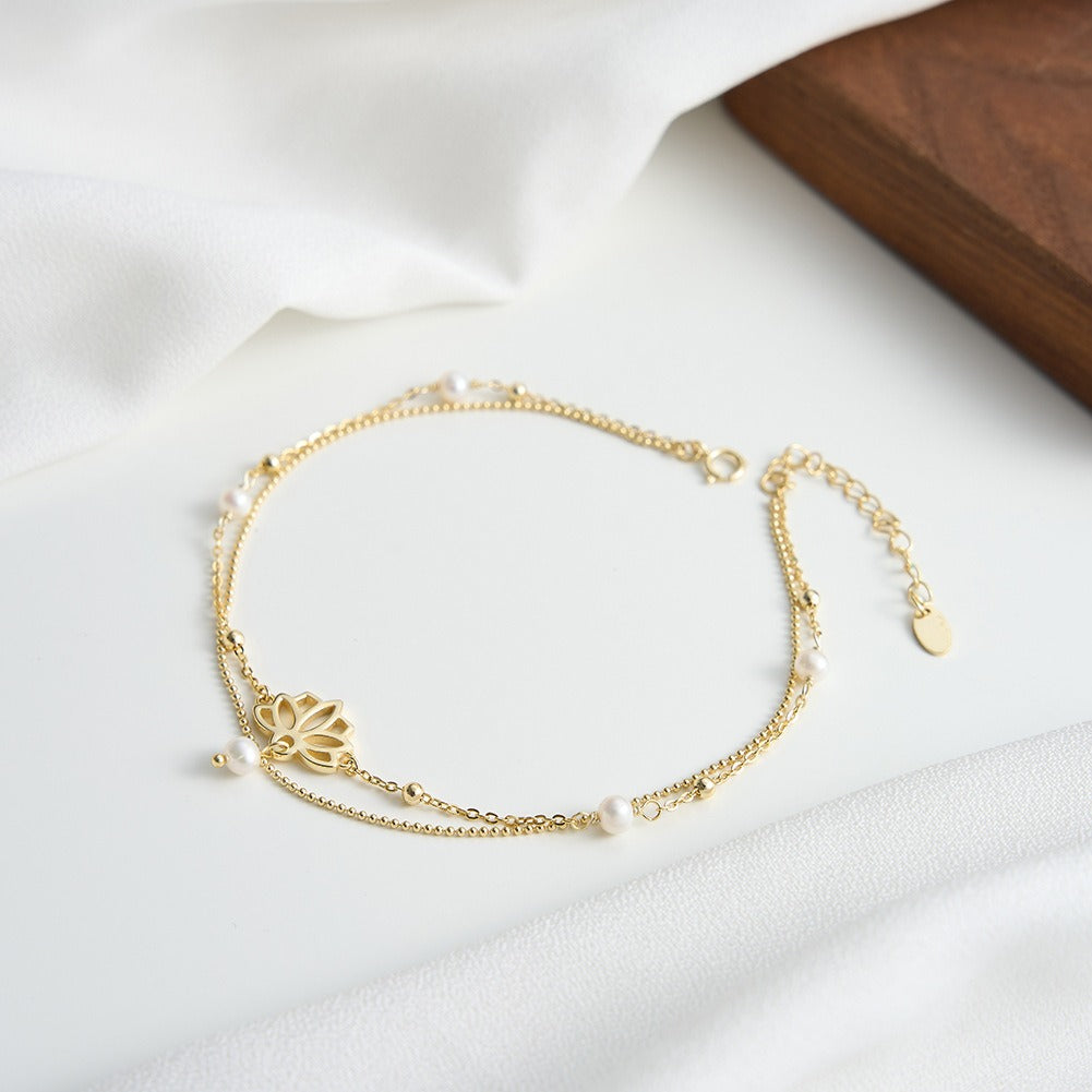 Kemstone 925 Sterling Silver Lotus Anklet for Women Layered Freshwater Pearl Gold Silver SA100