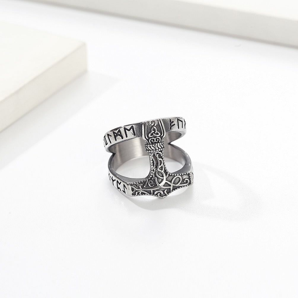 Kemstone Men’s Titanium Steel Ring – Viking Thor’s Hammer Rune Band K-R708