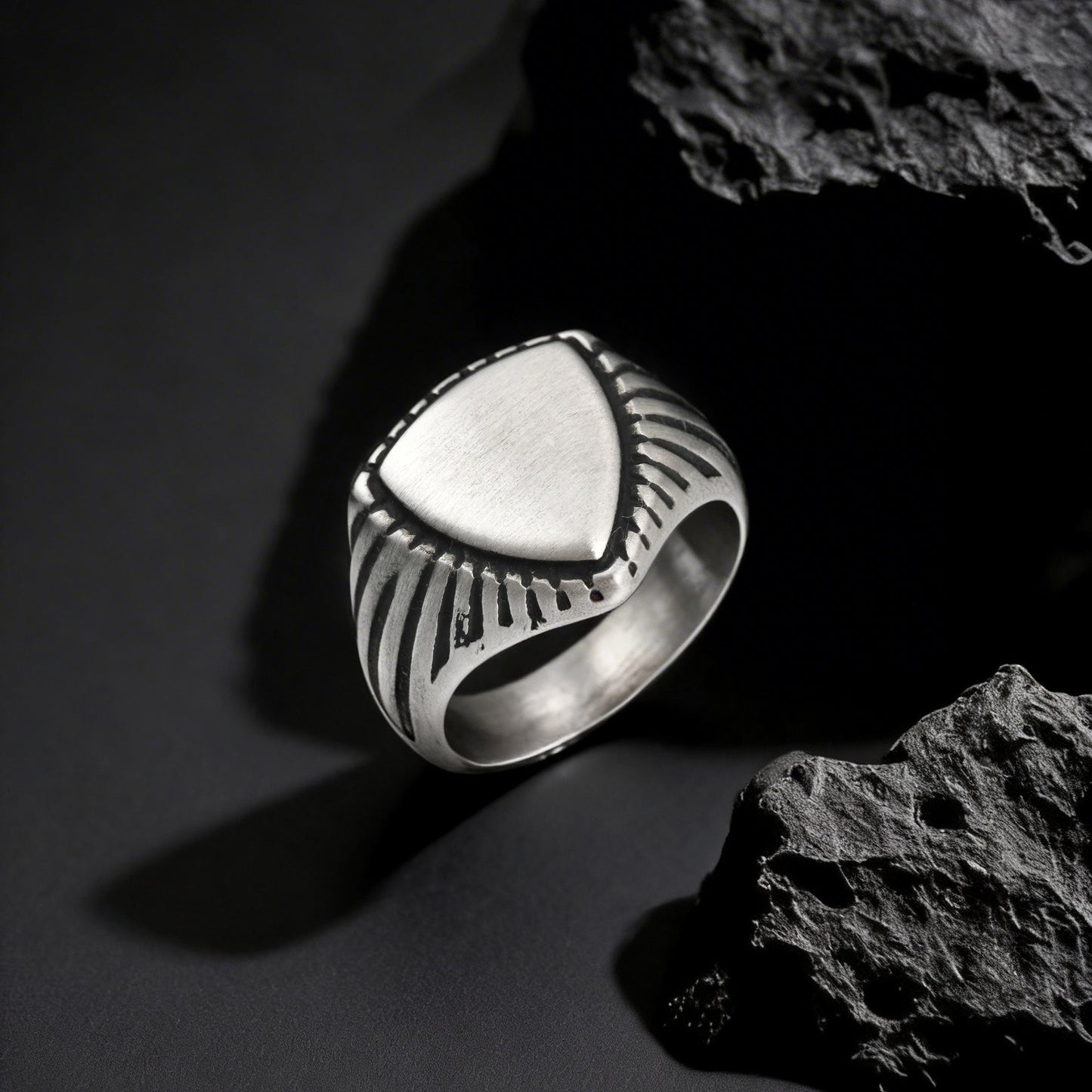 Kemstone Triangle Signet Ring Stainless Steel Brushed Silver for Men RC-843