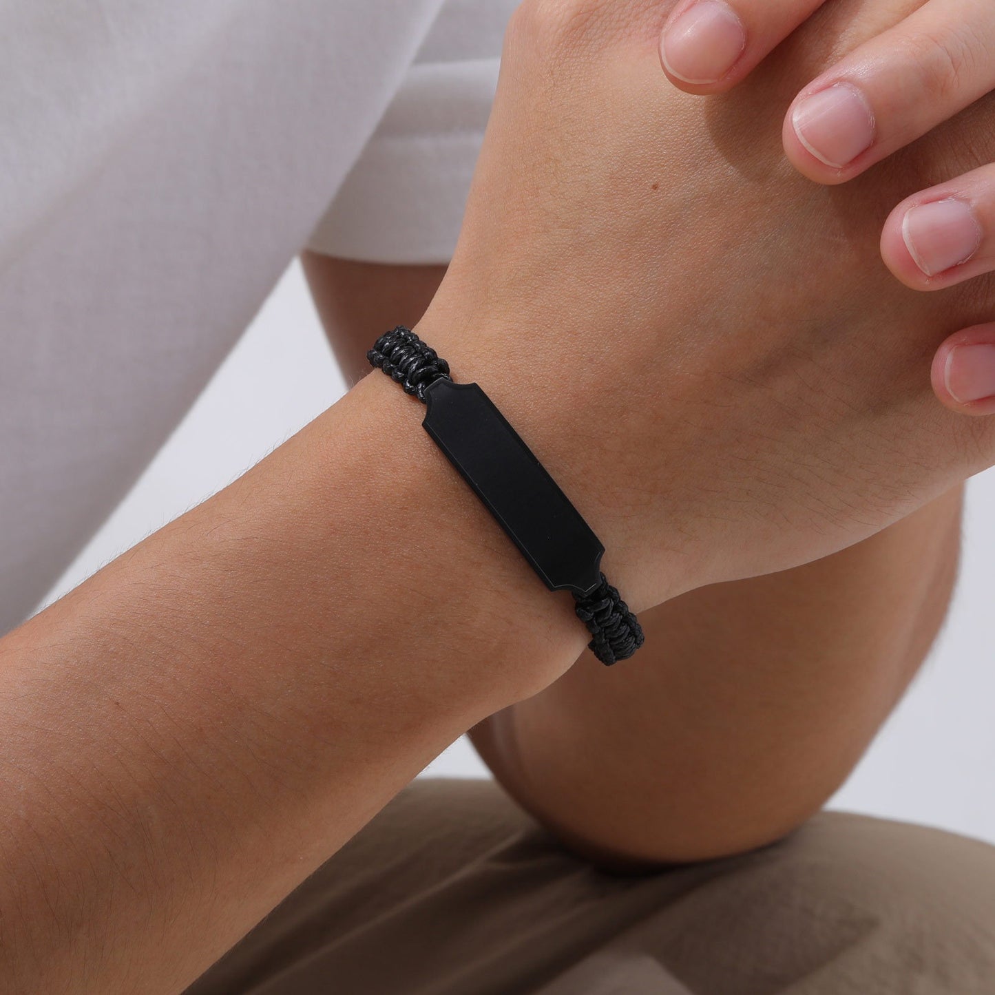 Kemstone Black Braided Stainless Steel Bracelet – Men’s Adjustable ID Plate Minimalist Band BR-2057