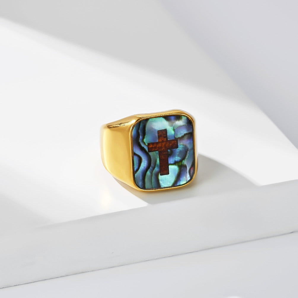 Kemstone Abalone Shell Cross Signet Ring for Men Stainless Steel K-R1239