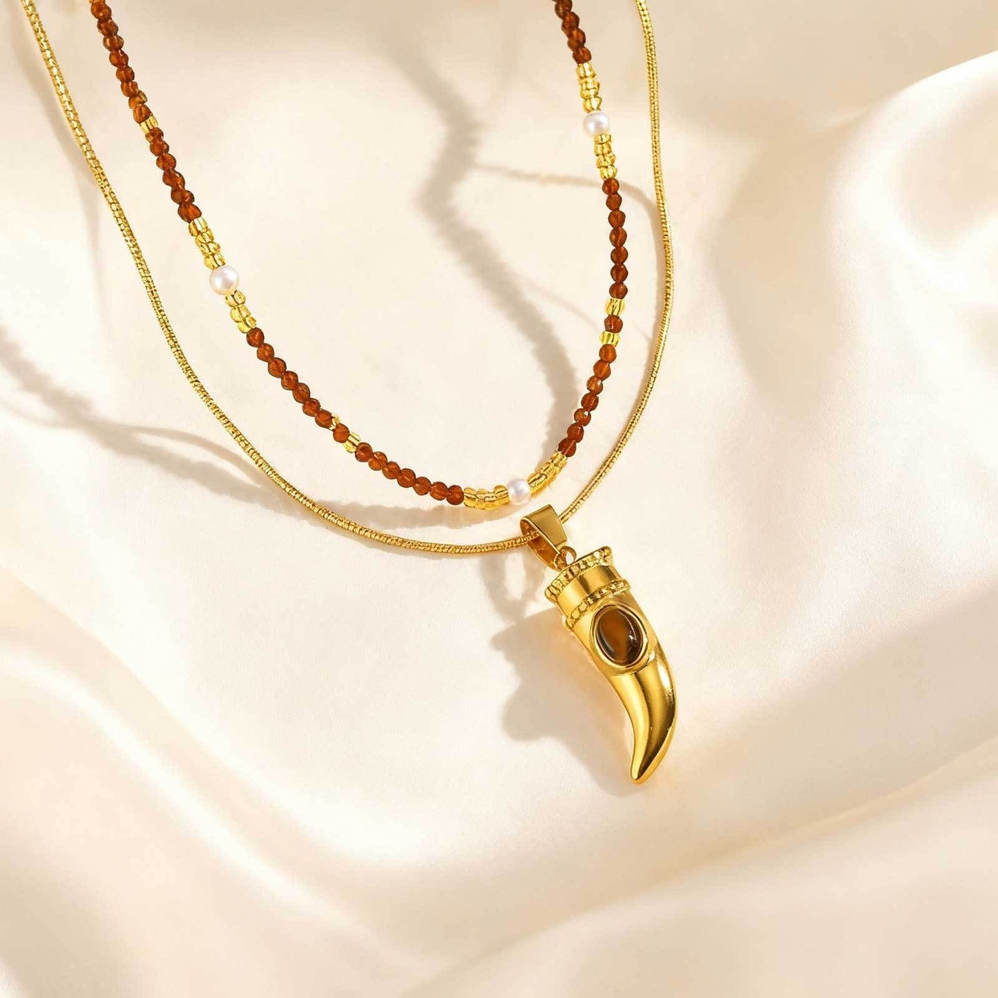 Kemstone Stainless Steel Hamsa Hand Tiger Eye Horn Pendant Necklace – Layered Design for Men & Women PN-2332