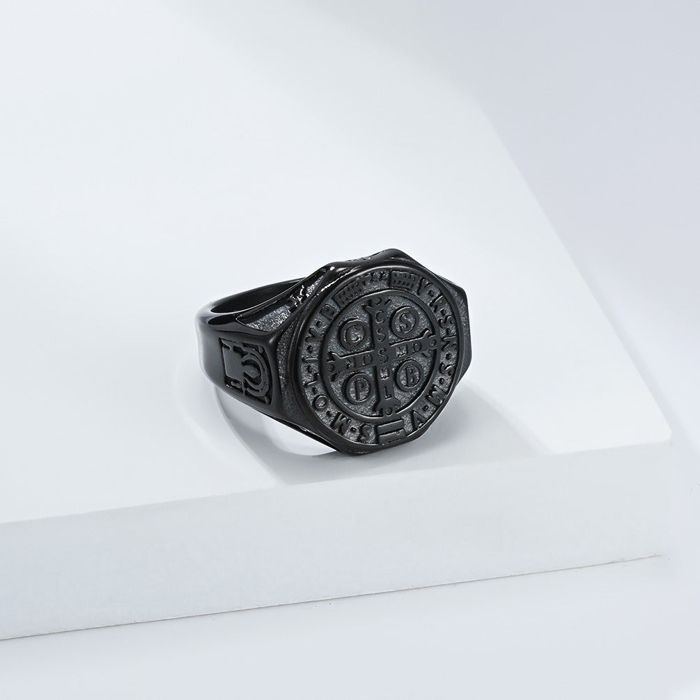 Kemstone Men’s Stainless Steel St. Benedict Cross Ring – Vintage Protection Jewelry K-R1092