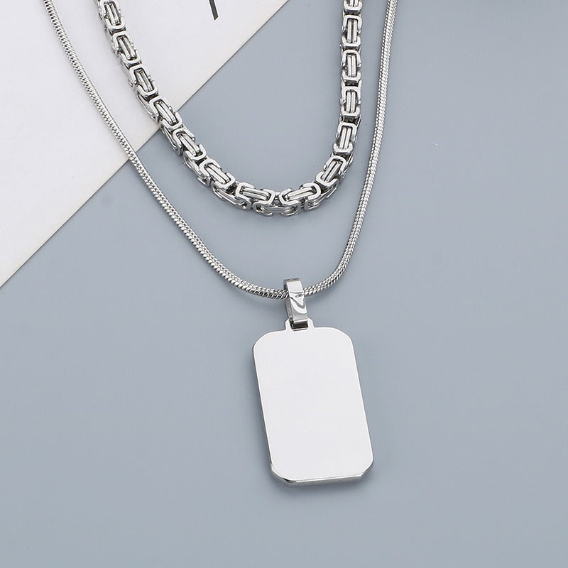 Kemstone Layered Rectangular Pendant Necklace for Men - Titanium Steel Double Chain KN283138-KFC