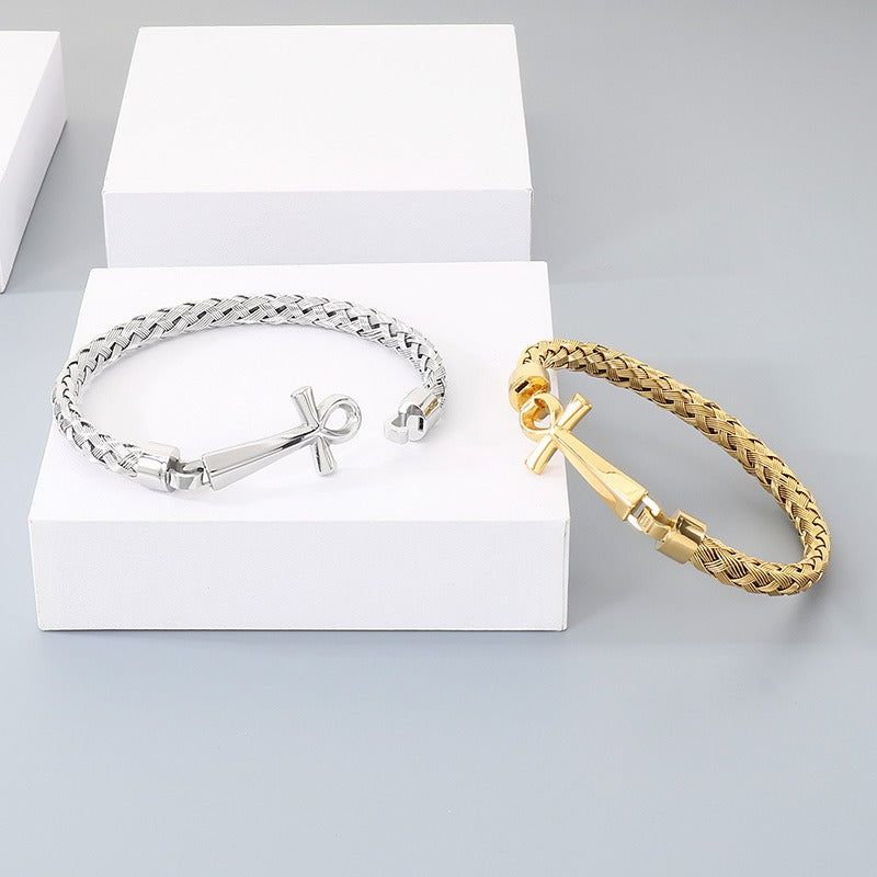 Kemstone Titanium Steel Braided Cuff Bracelet for Men Ankh Cross Clasp Gold Silver KB212793-KFC