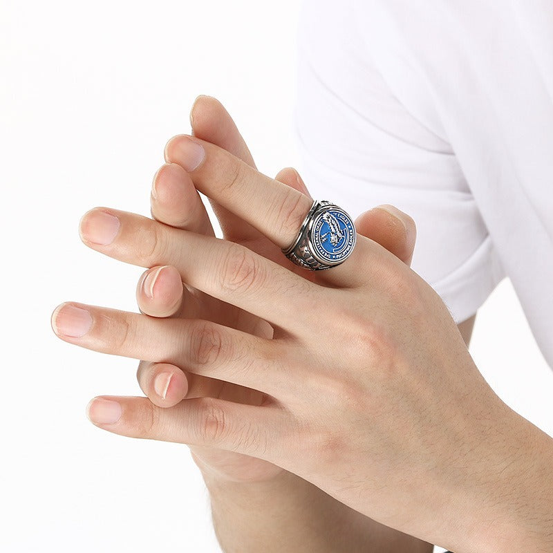 Kemstone Titanium Steel Eagle Ring – Blue Enamel Vintage Signet Jewelry, Symbol of Freedom KR114201-LU