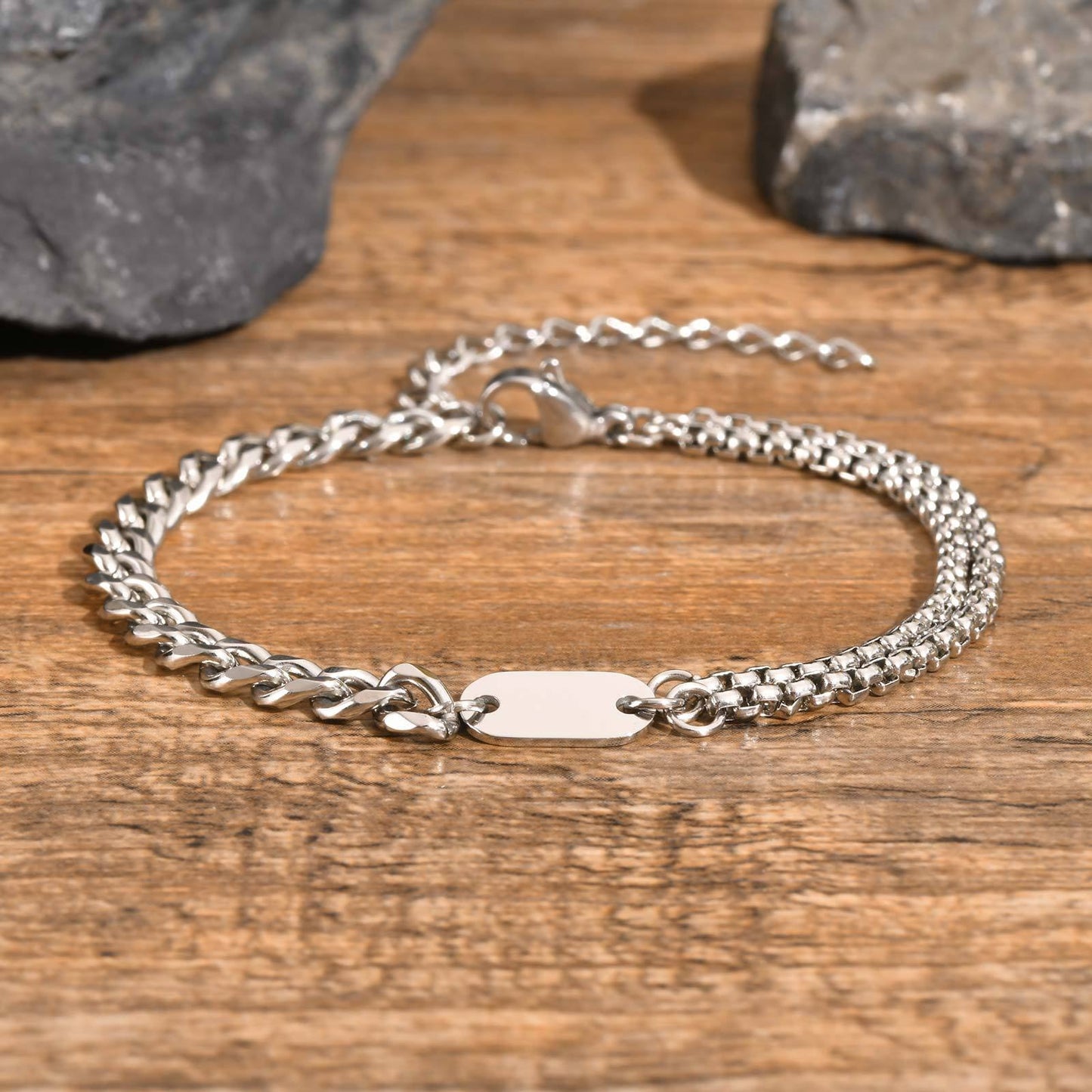 Kemstone Stainless Steel Double Chain Bracelet with Oval Plate for Men – Minimal Layered Link BR-1969