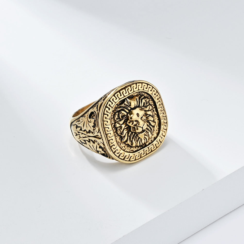 Kemstone Vintage Lion Head Signet Ring – Stainless Steel Greek Key for Men KR867