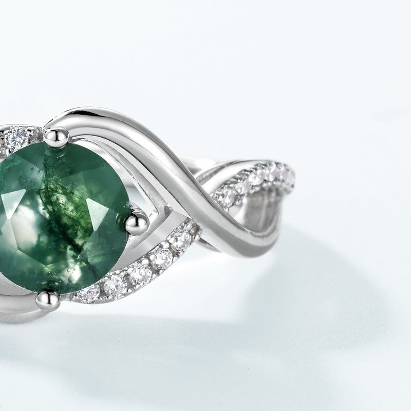 Anillo de ágata musgosa con ondas elegantes, diseño original artesanal de Kemstone - Plata de ley 925 de lujo con baño de platino