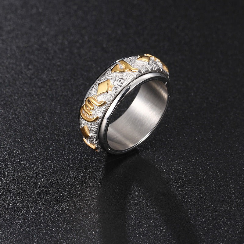 Kemstone Rotating Mantra Ring - Stainless Steel Hexagram Engraved Band with Textured Edges for Stress Relief & Positive Flow KR37988-K