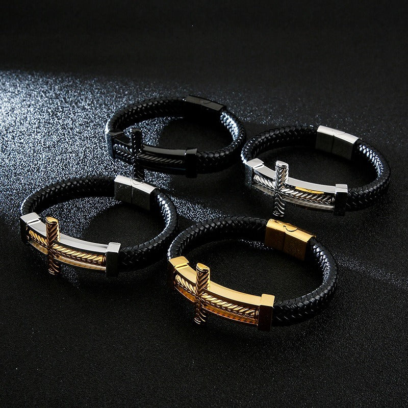 Kemstone Cross Leather Bracelet for Men Titanium Steel Braided Black Cord Design KB130233-KFC