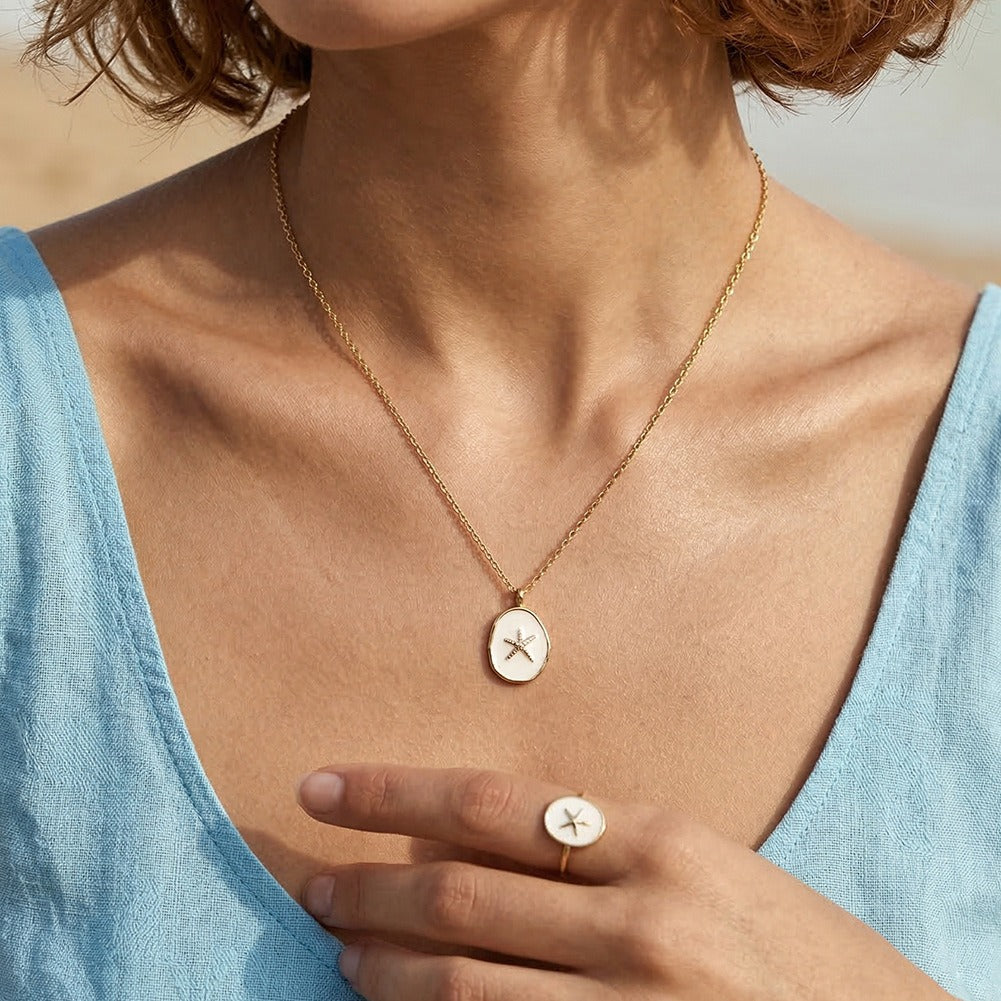 Kemstone Starfish Pendant Necklace for Women 925 Sterling Silver Enamel Round Beach Style Gold Silver SAPN61