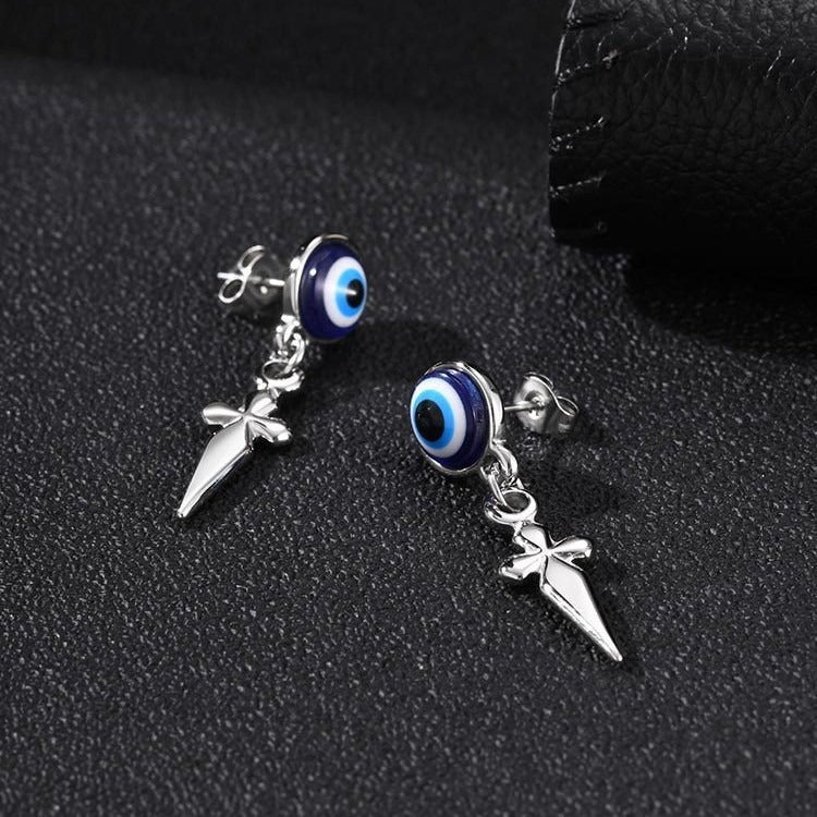 Kemston Blue Eye Cross Drop Earring for Men Stainless Steel Gothic ED-1099