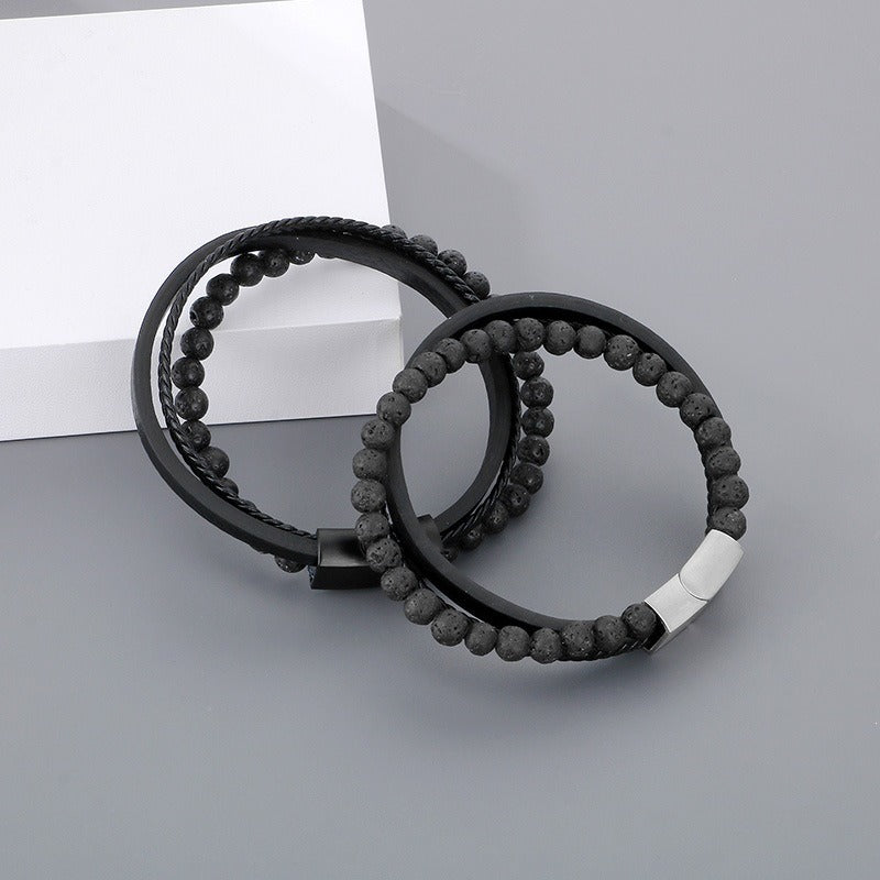 Kemstone Volcanic Rock Bracelet for Men Leather Stainless Steel Multi Layer KB180736-JR