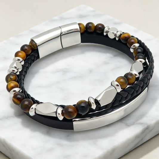 Kemstone Tiger Eye Beaded Bracelet for Men Titanium Steel Leather Detail KB214776-SJ
