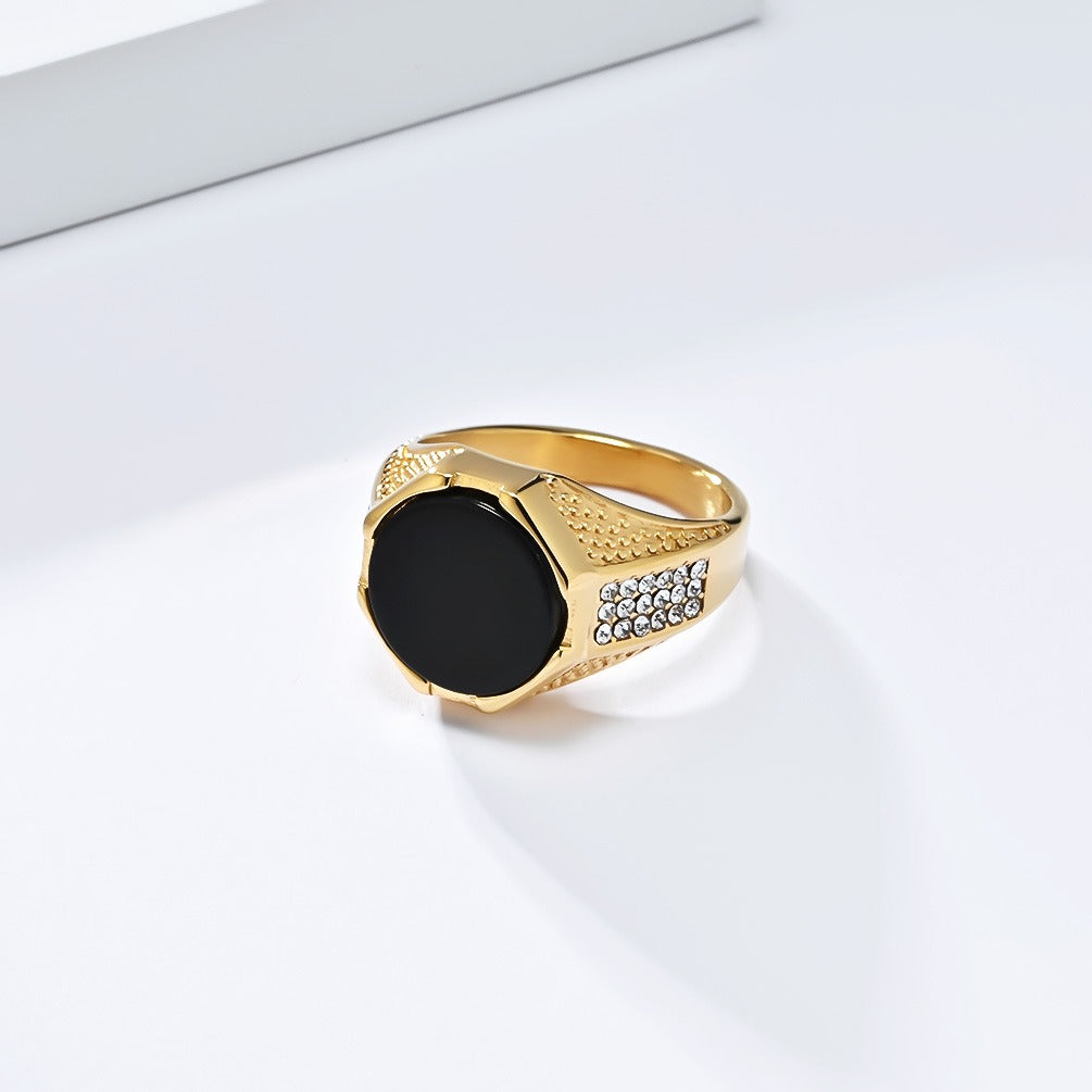 Kemstone Black Stone Ring for Men Stainless Steel Side Accents K-R986