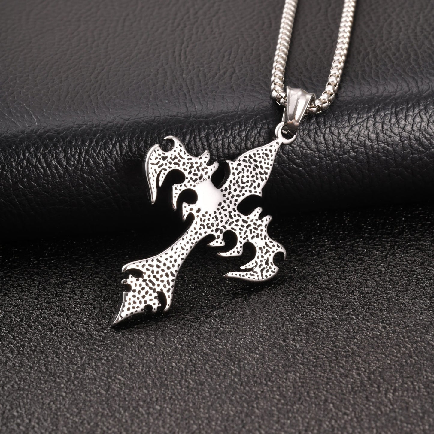 Kemstone Stainless Steel Flame Cross Pendant Necklace for Men Gothic Silver PN-2390