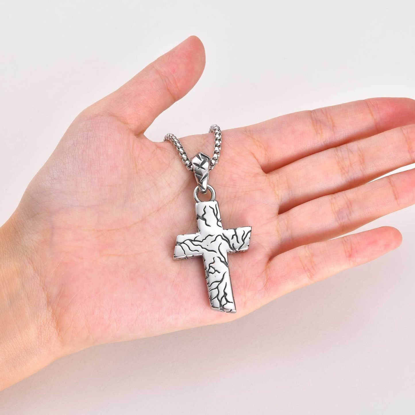 Kemston Cracked Texture Cross Pendant Necklace for Men Stainless Steel Vintage Silver Design PN-2420