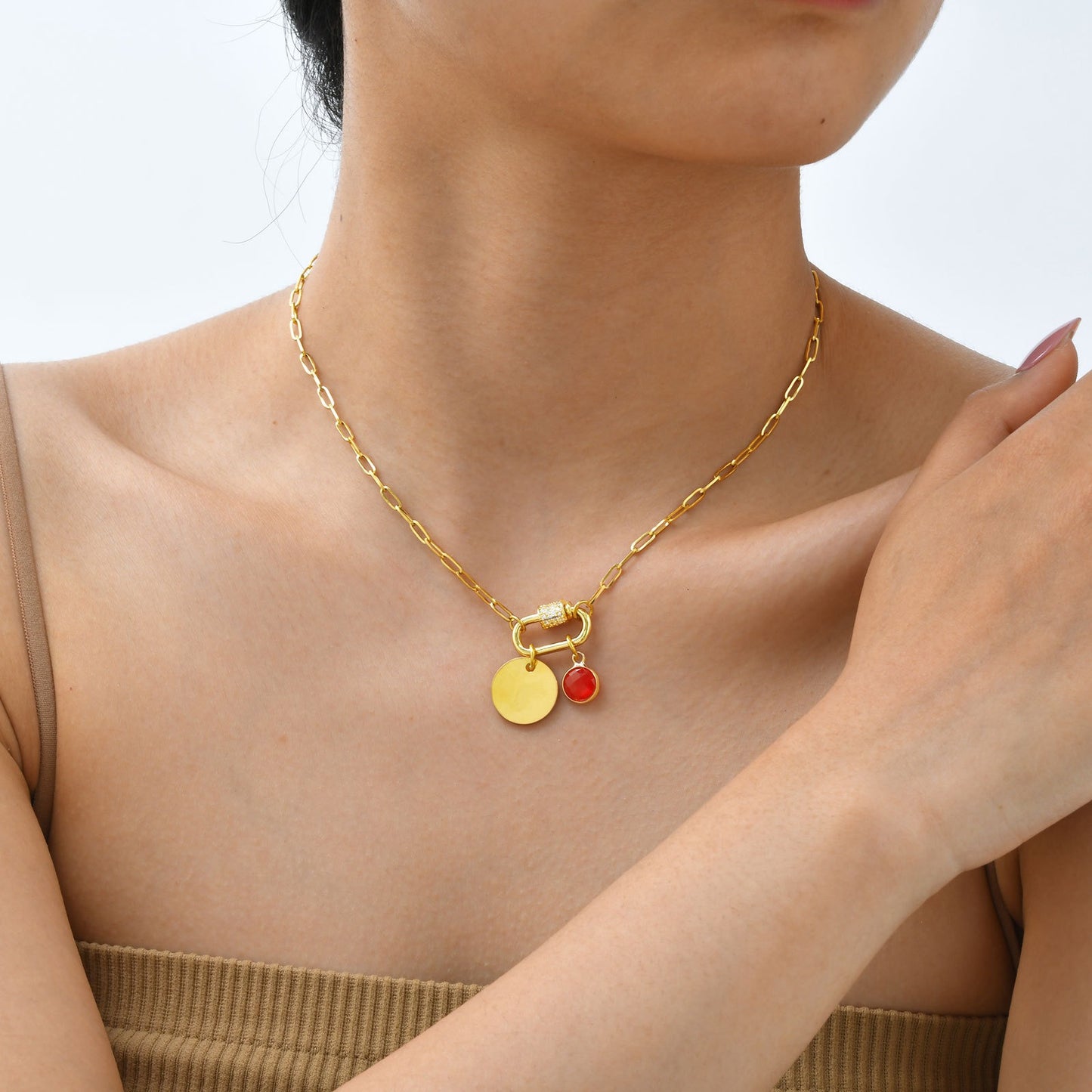 Cadena de eslabones cuadrados de acero inoxidable Kemstone con colgante de piedra de nacimiento del zodíaco - Collar minimalista dorado para mujer NC-2181